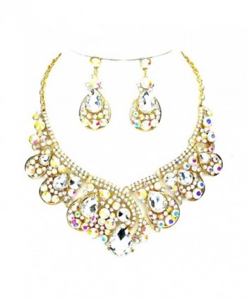 Chic AB Iridescent Crystal Statement Gold Chain Cluster Necklace Earrings Set Affordable Wedding Jewelry - CO129XFTSNT
