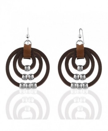 Zinc & Stainless Steel Beads Brown Leather Boho Circles Dangle Earrings - CW11GPQZPRD