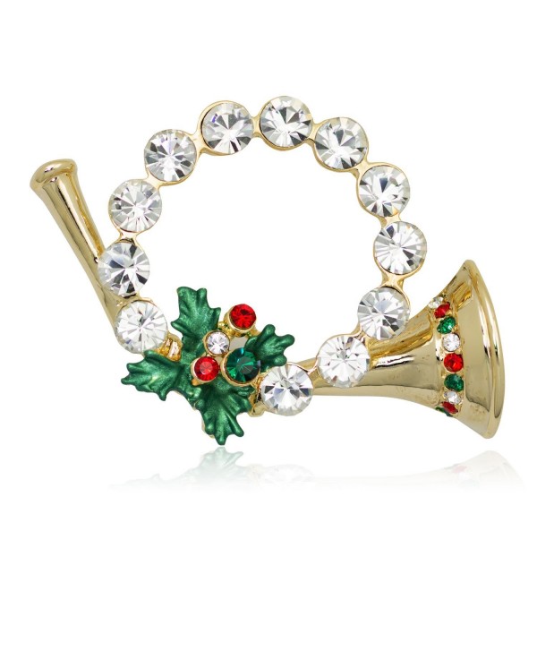 Akianna Gold-tone Swarovski Element Crystals Christmas Horn Wreath Brooch - CJ12726QXNJ