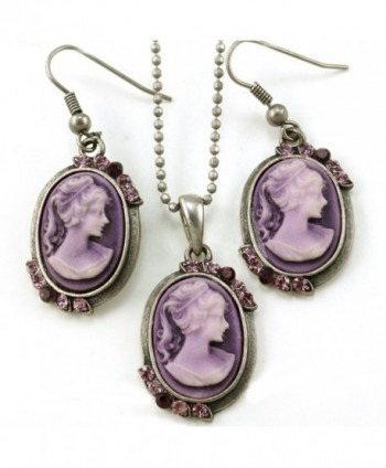 Purple Cameo Necklace Pendant Dangle Earrings Fashion Jewelry Set - CP119A9I35R