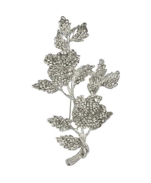 EVER FAITH Silver-Tone Austrian Crystal Romantic 2 Rose Flowers Green Leaf Brooch - Clear - C211ZPPDW6L