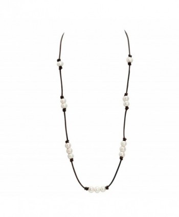 Single Leather Strand Beaded Cultured Pearl Necklace Long-31.5 Inch with different Wear Style - white brown color - C612OBLTSSR