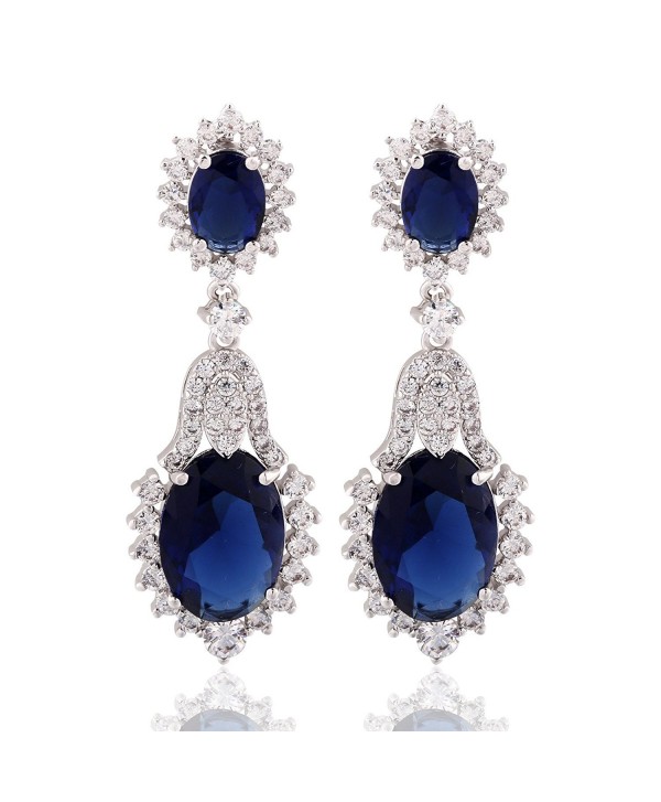 GULICX Vintage Design Long Luxury Oval CZ Stone Silver Tone Blue Sapphire Color Drop Earrings - C012FSC81P7