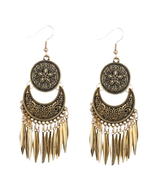 Yazilind Bohemian Vintage Alloy Bronze Round Shape Coin Craving Tassel Drop Dangle Hook Earrings Women - CM183K7CM76