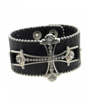 Leather Bracelet Cuff Rhinestone Cross and Edge Beading - Black - CC11UYNMI19