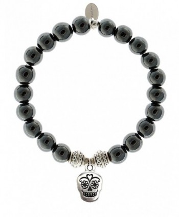 EvaDane Natural Hematite Gemstone Tibetan Bead Sugar Skull Charm Stretch Bracelet - C9187D5XASH