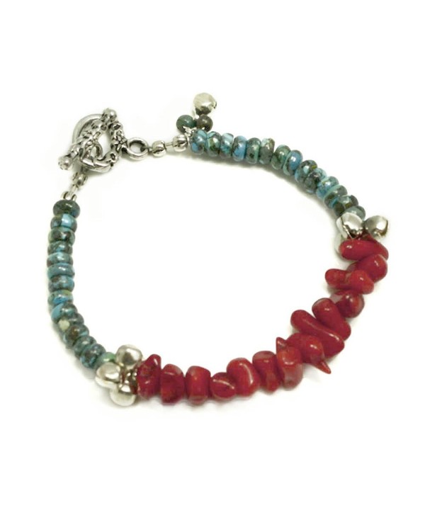 002 Ny6design Turquoise & Coral Bracelet w Silver Plated Toggle 8" B15091428a - C0129I58WM7