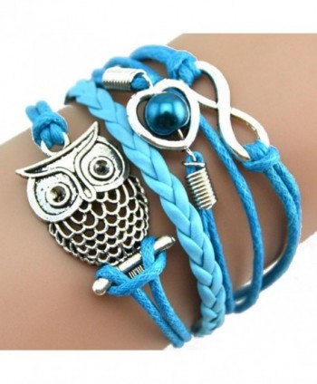 Bracelet-Pikolai Lovely Owl Pearl Friendship Multilayer Charm Leather Bracelets - Blue - C612O1ODAPC