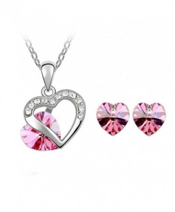 Double Heart Swarovski Elements Crystal Pendant Necklace Stud Earrings Set Fashion Jewelry for Women - Pink - CW11WXU57RD