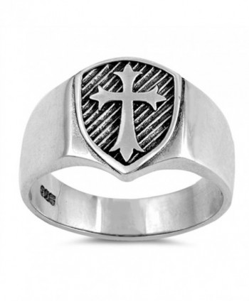 Oxidized Etched Cross Medieval Shield Ring .925 Sterling Silver Band Sizes 6-13 - C2184Y78HX7