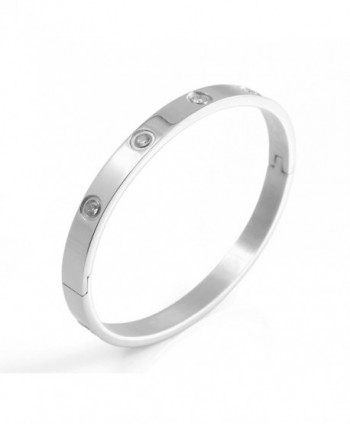 L&H Jewelry - Stainless Steel Hinged Bangle Bracelet studded with White Faceted Crystals - Silver - CG186THLXUU