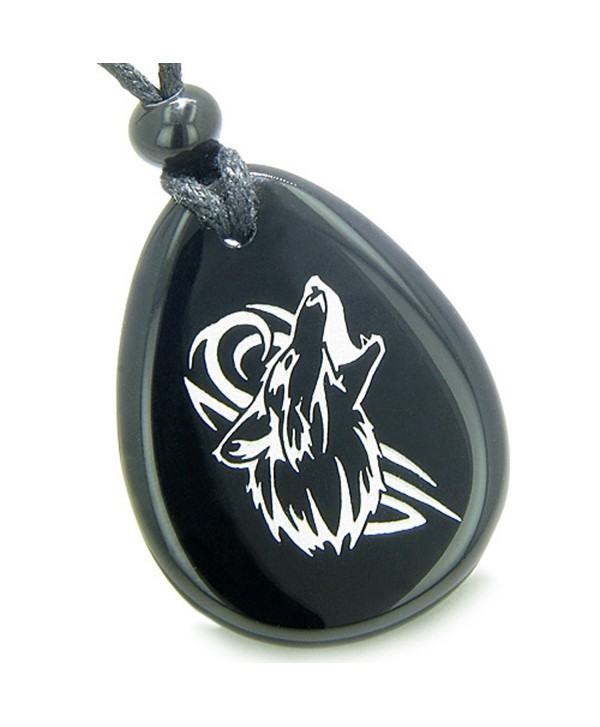 Amulet Courage and Protection Howling Wolf Spiritual Powers Black Agate Pendant Necklace - CC11BCRJFZN