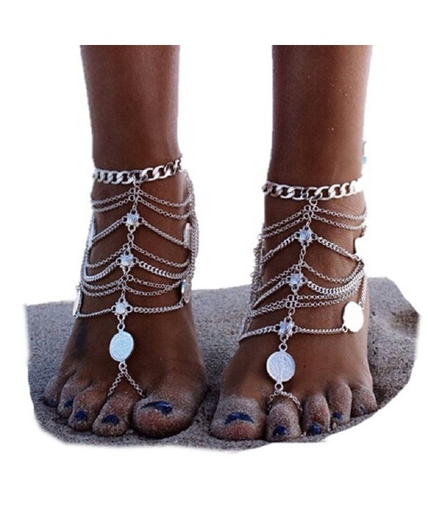 Luxjewelry Silver Coin Blessing Symbol Tassel Anklets Foot Jewelry for Women Girls - CM12INJIE9P
