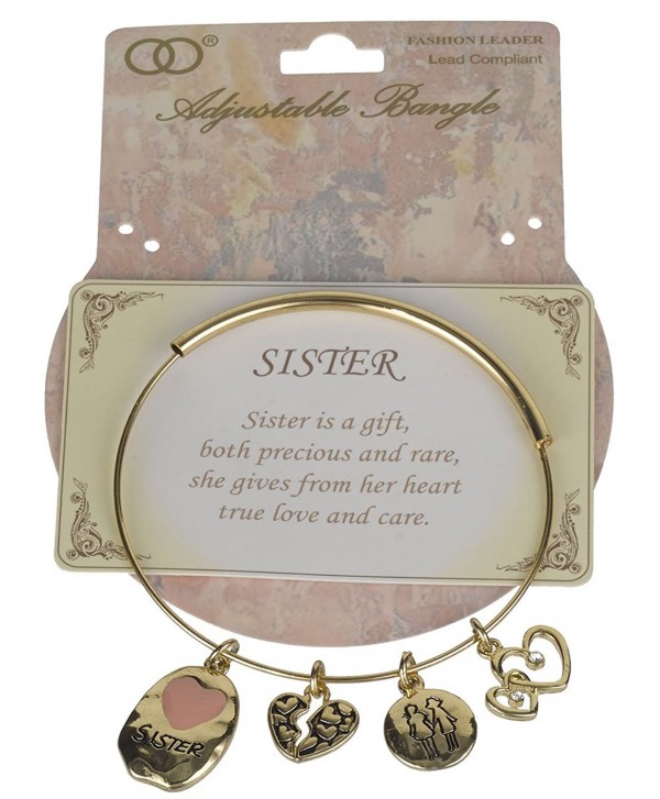 Sister Inspirational Sister & Heart Charm Adjustable Bangle Bracelet with Prayer Card- Jewelry Nexus - Gold - CS11P5M14R3