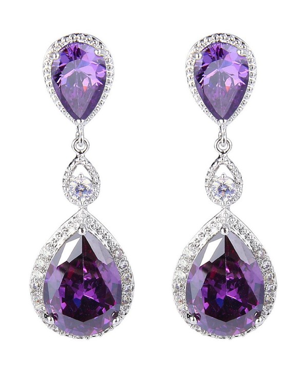 EVER FAITH Silver-Tone Full Cubic Zirconia Birthstone Tear Drop Dangle Earrings - Purple - C61251IJLON