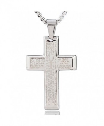 Stainless Steel Father Lord's Prayer Cross Pendant Necklace- Matthew 6:9-13 - Silver - CP185QNQYEO