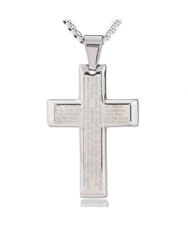 Stainless Steel Father Lord's Prayer Cross Pendant Necklace- Matthew 6:9-13 - Silver - CP185QNQYEO