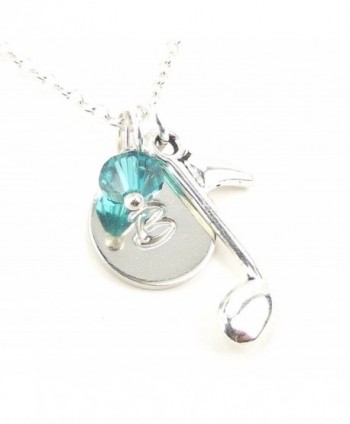 Personalized Music Note Necklace Customize Initial Disk and Swarovski Crystal Silver Plated Birthday Gift - CW12IZVGZ9H