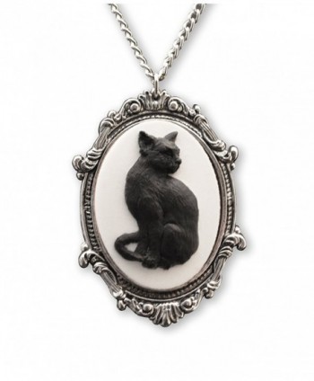 Black Cat Cameo in Antique Silver Finish Pewter Frame Pendant Necklace - CF12C2V13F7