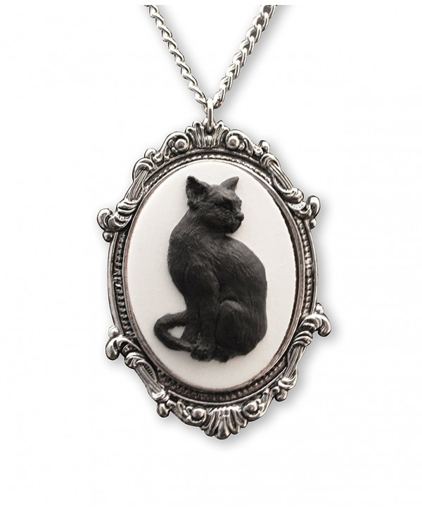 Black Cat Cameo in Antique Silver Finish Pewter Frame Pendant Necklace - CF12C2V13F7