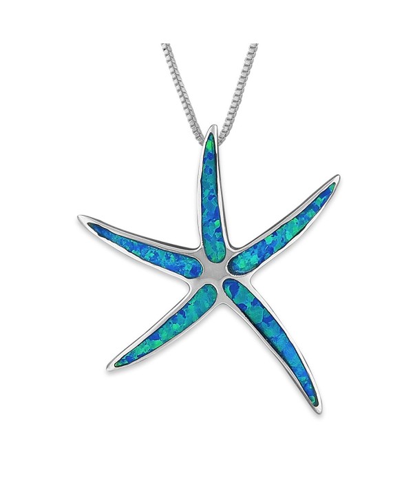 Sterling Silver Synthetic Blue Opal Starfish Pendant Necklace- 18+2" Extender - CI12B7FQ4SP