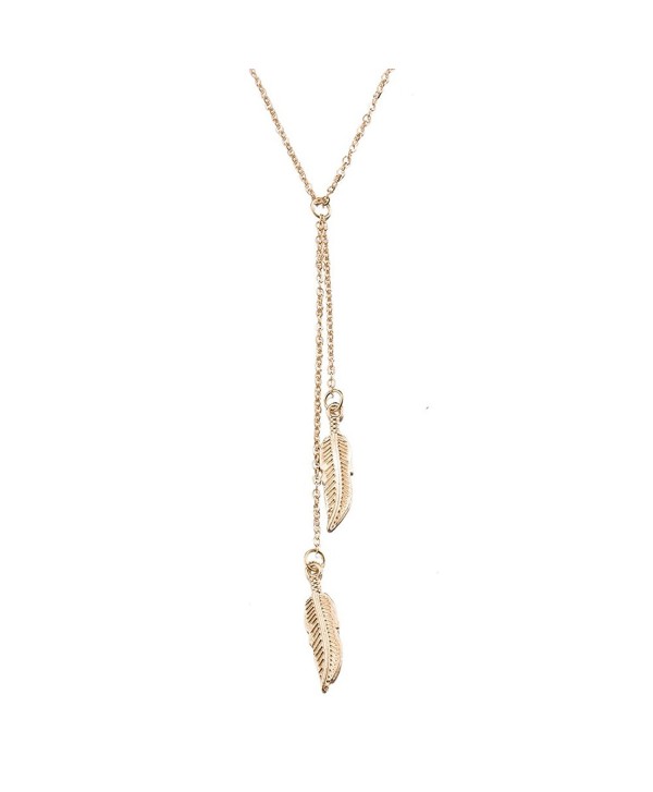 Alipeia 2 Feather Y Style Pendant Necklace Choker Link Chain - Gold - CT186K98X37