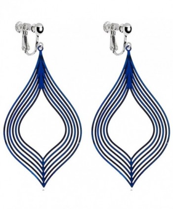 Handcrafted Blue Metal Frosted Stripe Clip On Dangle Earrings Screwback Art Deco for Girls Women - CZ186WS0N0K