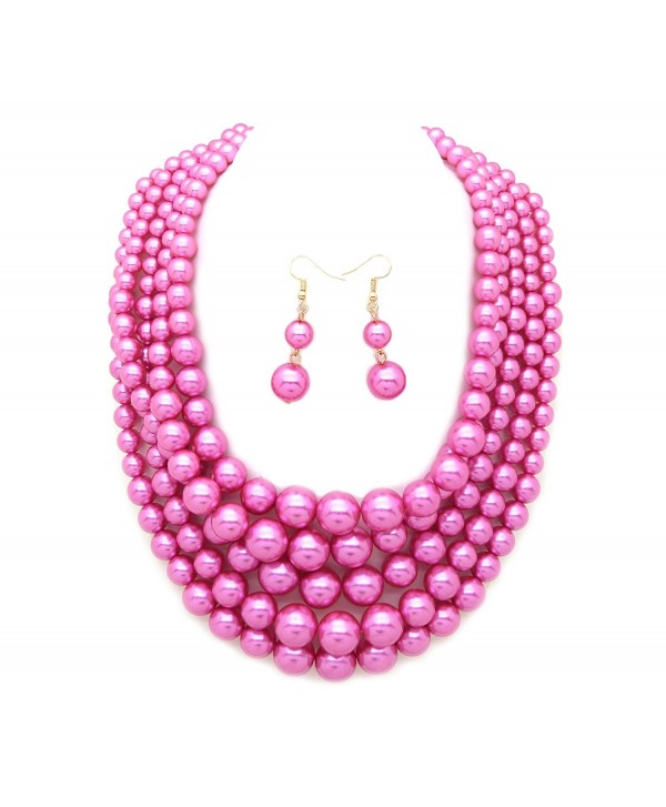 Women's Simulated Faux Pearl Five Multi-Strand Statement Necklace and Earrings Set - Hot Pink - CY18C7GLZC7