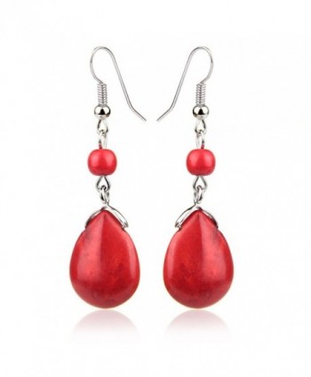 Vintage Red Drop Stone Bead Fringe Dangle Earrings For Women Girls Alloy - Red - C2188KH80S5