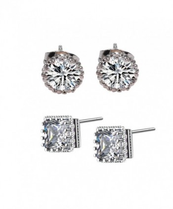 YOUWANG 2 Pairs 18k White Gold Plated AAAA Cubic Zirconia Stud Earrings White circle + square - C41893E3GX2