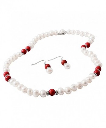 Julie Jewelry | Freshwater Cultured 8 mm Pearl Set | Earrings & Necklace - Red - CU1269X5TM7