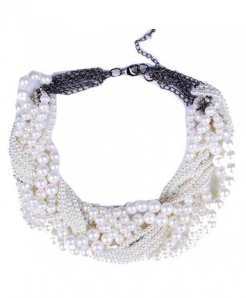 White Round Pearl Beaded Twist Torsade Multiple Layers Choker Collar Necklace - CL11VVRD84D