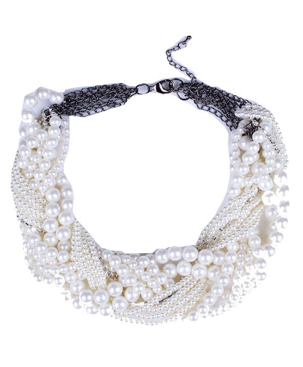 White Round Pearl Beaded Twist Torsade Multiple Layers Choker Collar Necklace - CL11VVRD84D