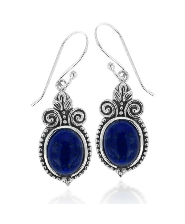925 Oxidized Sterling Silver Ornate Oval Gemstone Dangle Earrings- Black- Brown- Blue- or Green - Blue Lapis - CO11TH53I7D