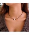 Handmade Single Simulated Pearl Necklace Choker for Women Genuine Leather Jewelry - CP183272R55