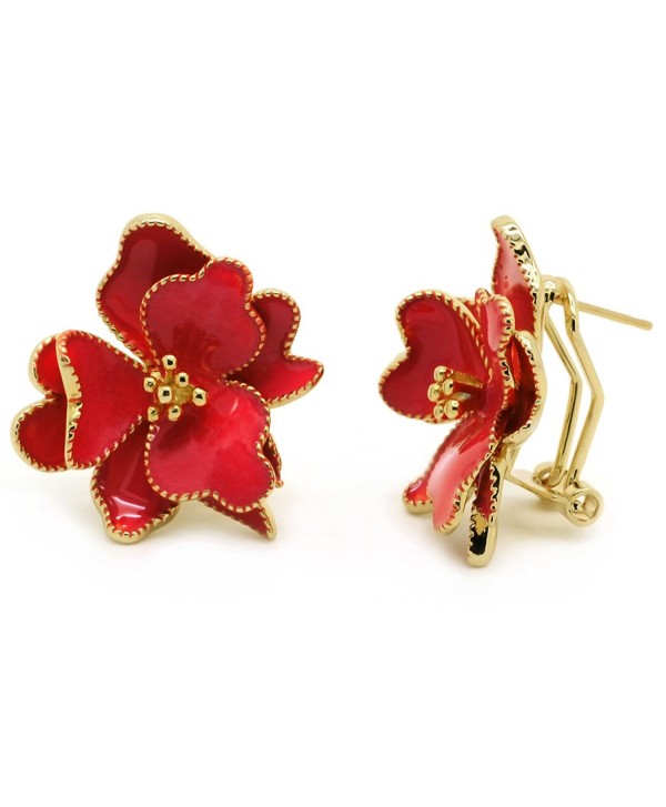 Flower Stud Earrings Enamel Wild Rose Gold Plated Women Fashion Omega Back - Red - CH17YQONNU9