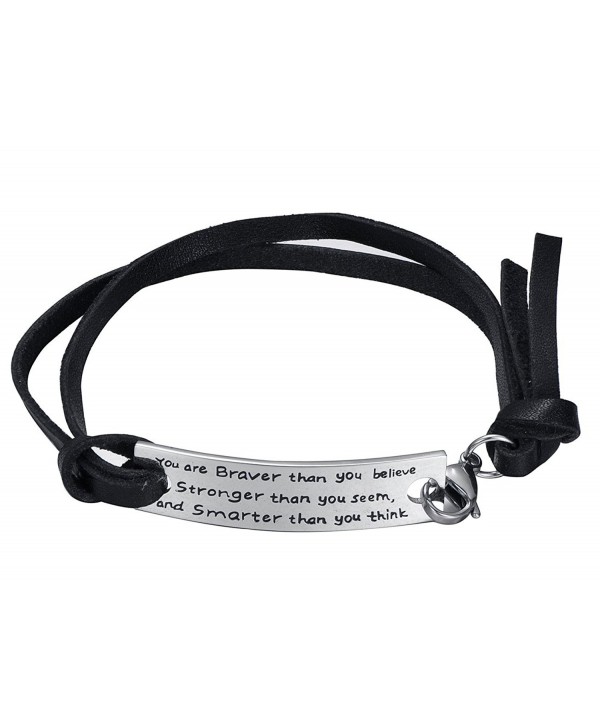 Inspirational Leather Rope Stainless Steel Bracelet "You are braver than you believe" - By Regetta Jewelry - CL12F8UMSQ7