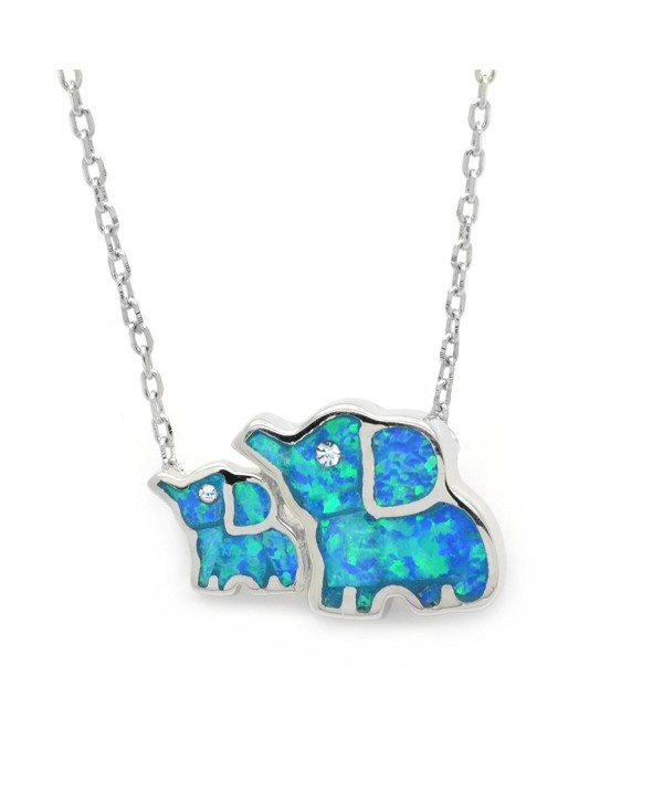 Created Opal Elephant Necklace Family Mother Baby Blue Sterling Silver 17-inches - CJ185U2W4CD