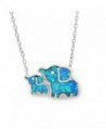 Created Opal Elephant Necklace Family Mother Baby Blue Sterling Silver 17-inches - CJ185U2W4CD