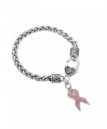 Pink Crystal Stone Breast Cancer Awareness Ribbon Charm Lobster Clasp Bracelet for Women - CF12BS7PJMJ