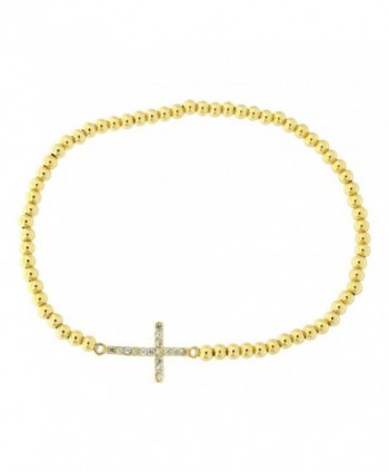 Yellow or White Gold Tone Sterling Silver Cubic Zirconia Small Sideways Cross Stretch Bead Bracelet - CF12MCBCHWP