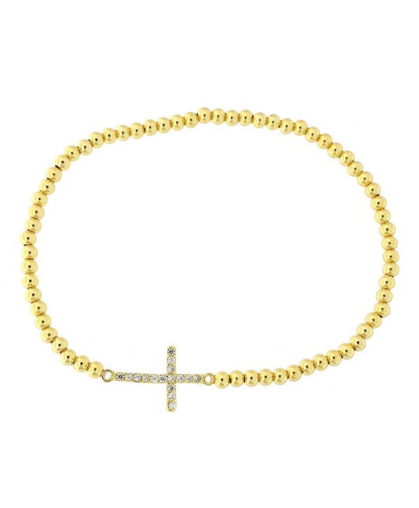 Yellow or White Gold Tone Sterling Silver Cubic Zirconia Small Sideways Cross Stretch Bead Bracelet - CF12MCBCHWP