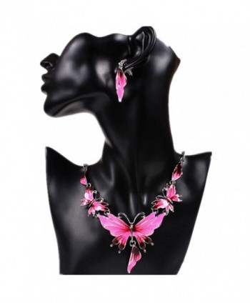 XY Fancy Enamel Butterfly Pendant Bib Fringe Y Neck Lariat Necklace Stud Earrings Set - Pink - C312F5ROMWL