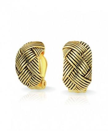 Bling Jewelry Gold Plated Brass Wide Woven Braided Half Hoop Clip On Earrings - CS11PQEY4I1