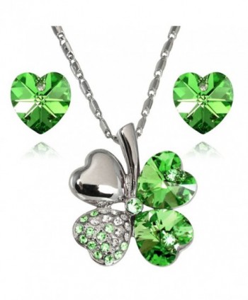 Lucky Love Heart Clover Swarovski Elements Crystal Rhodium Plated Necklace Earrings Set - Green - CD11928YMO3