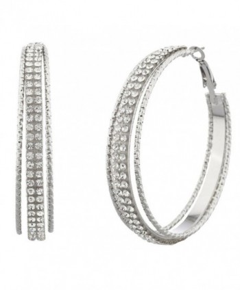 Lux Accessories Silvertone and Crystal Pave Double Row Cutout Hoop Earrings - CG12LHE46VX