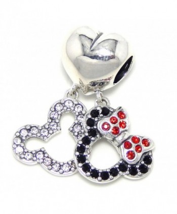 925 Solid Sterling Silver Heart with Dangling Crystal Minnie and Mickey Ears Charm Bead - CV12GU6YJS3