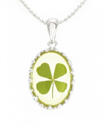 Real Four-leaf Lucky Clover Shamrock Crystal Amber- Elegant Perfect Oval Charm Necklace 18" - CF12CJ02HIX