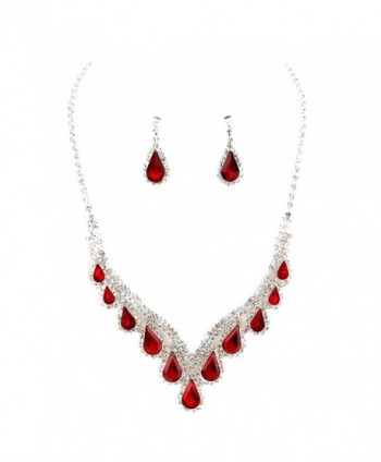 Affordable Bridal Pageant Jewelry Red Clear Rhinestone Teardrop Silver Necklace Jewelry Earrings Set - CV127O1PSUB