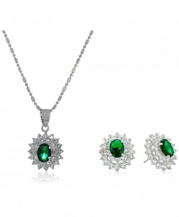Nina Cubic Zirconia Cluster Pendant Necklace and Earrings Jewelry Set - Rhodium/Cubic Zirconia/Emerald - CG12D0NF7NP